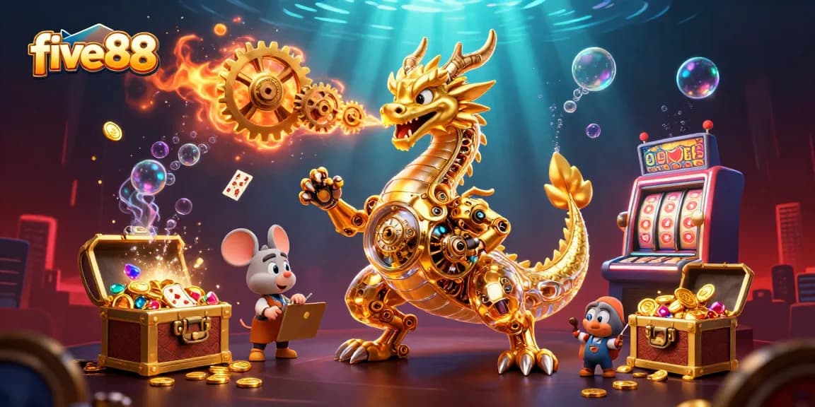 Experience five 88's vibrant slots scene with a dynamic golden dragon, revealing exciting gaming treasures.