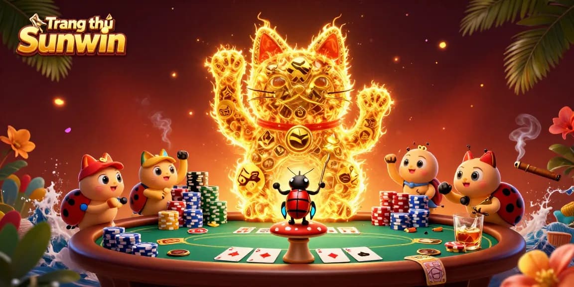 Experience the enchanting world of Trang chủ Sunwin with the lucky cat waving amidst vibrant casino elements.