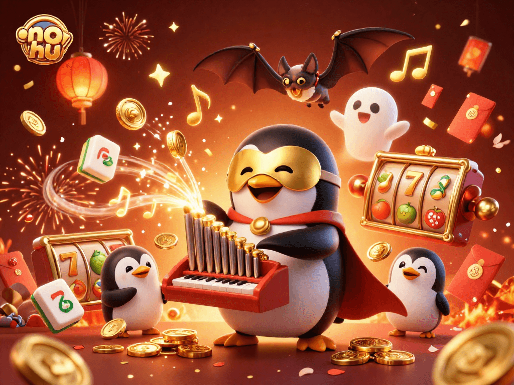Experience no hu excitement with a cartoon penguin organist amidst slot reels and festive fireworks.