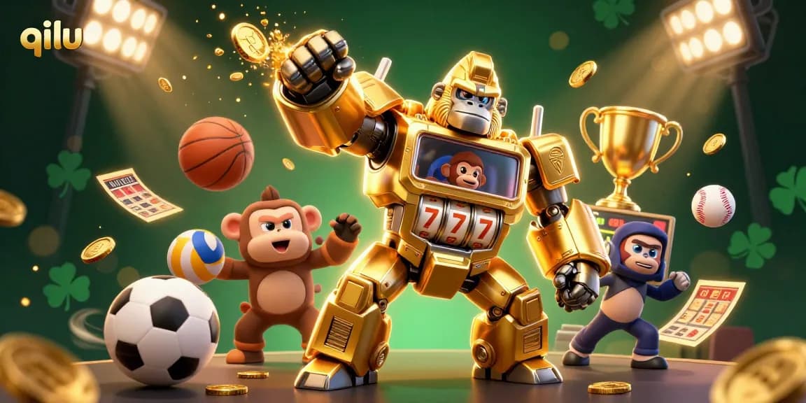 Visualize the vibrant qilu casino world with a dynamic gorilla mech and sports elements bursting with excitement.