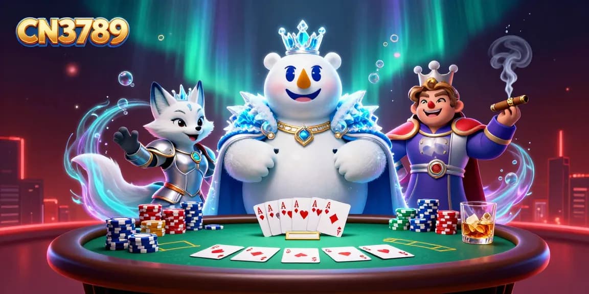 Engage with CN3789's rich poker scene featuring an ice king, a snow fox, and vibrant casino elements.