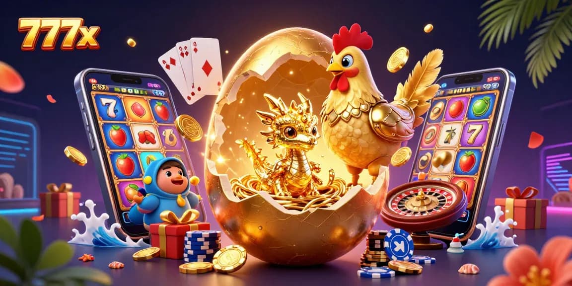 Spin the reels with 777x, a captivating 3D scene of a golden dragon amidst vibrant casino elements.