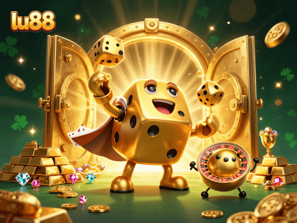 Experience the thrilling adventure of lu88 with vibrant golden dice, gems, and casino treasures.
