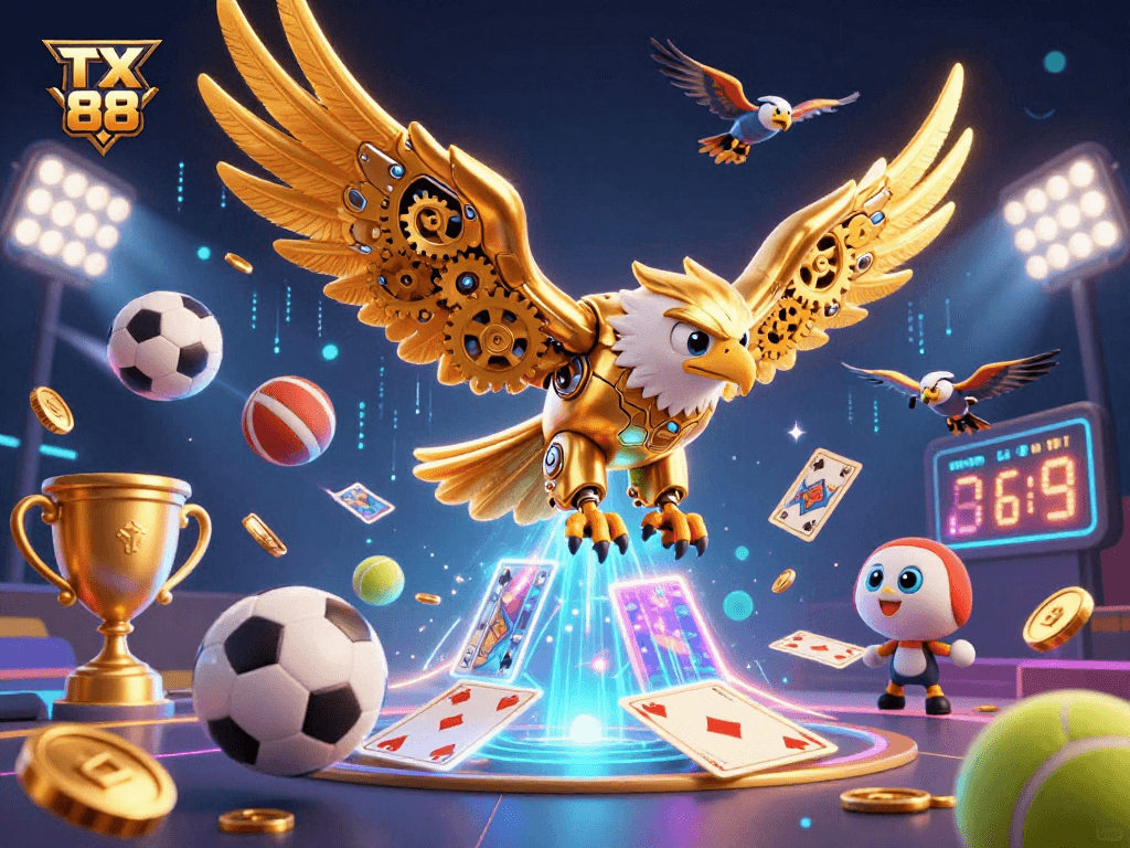Experience thrilling gaming at TX 88 with a vibrant 3D illustration of excitement in action!