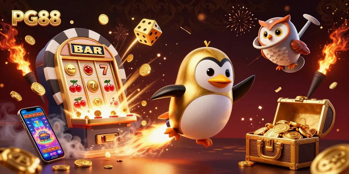 Win big with PG88 while enjoying a vibrant casino experience featuring a golden penguin and thrilling game elements.