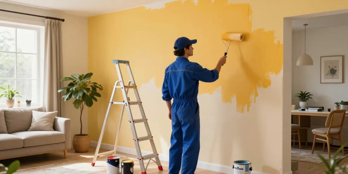 Maler Heidelberg Günstig: Professioneller Maler in modernem Wohnzimmer während der Renovierungsarbeiten.