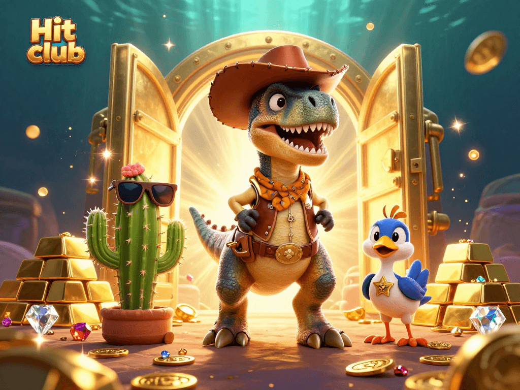 Experience thrilling action at Hit club with playful dinosaur and friends amidst treasure chaos.