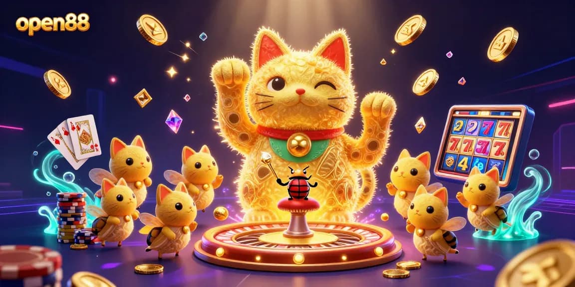 Experience the excitement at open88 with a whimsical scene of lucky symbols and casino treasures.