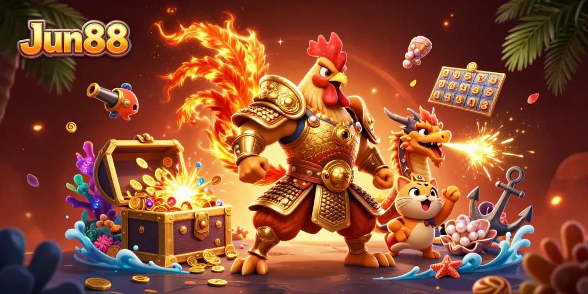 Experience the thrill of Jun88's gaming with a vibrant 3D illustration of a rooster warrior and dragon hatchling.