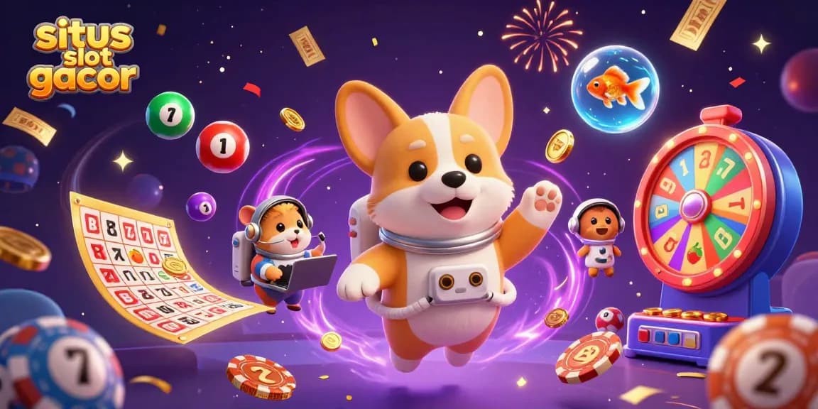 Engage in exhilarating games at situs slot gacor with floating casino elements and dynamic characters.