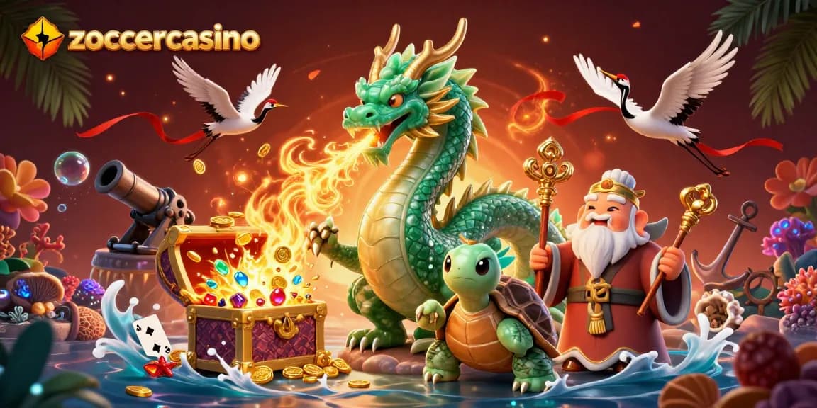 Zoccercasino bietet ein visuelles Abenteuer mit einer Drachenfigur und bunten Spielkarten.
