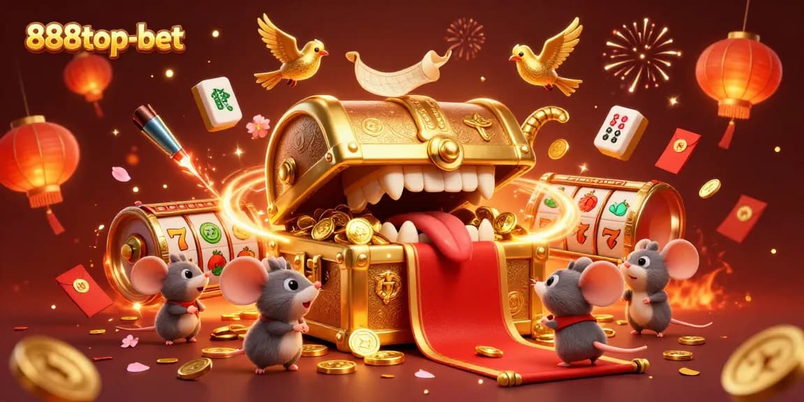 Experience the thrill of 888top-bet with a treasure chest and slot game elements in a vibrant 3D scene.
