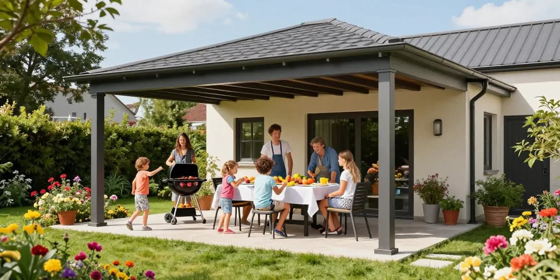 Terrassenüberdachung freistehend im Garten, Familie genießt BBQ unter dem Dach.