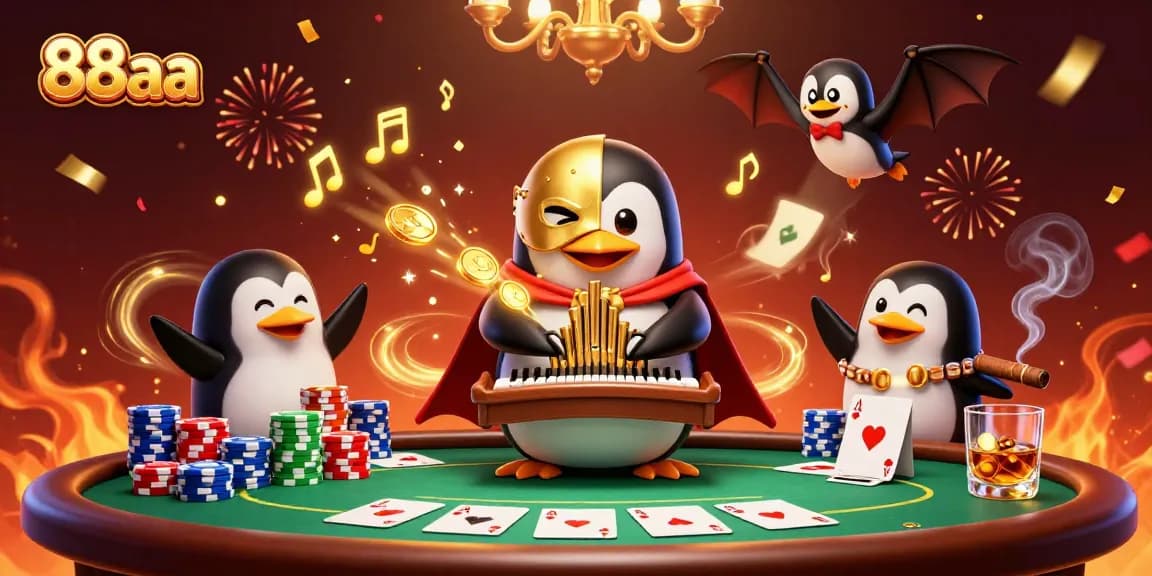 Experience the excitement of 88aa with a spectacular 3D casino scene featuring a penguin organist.
