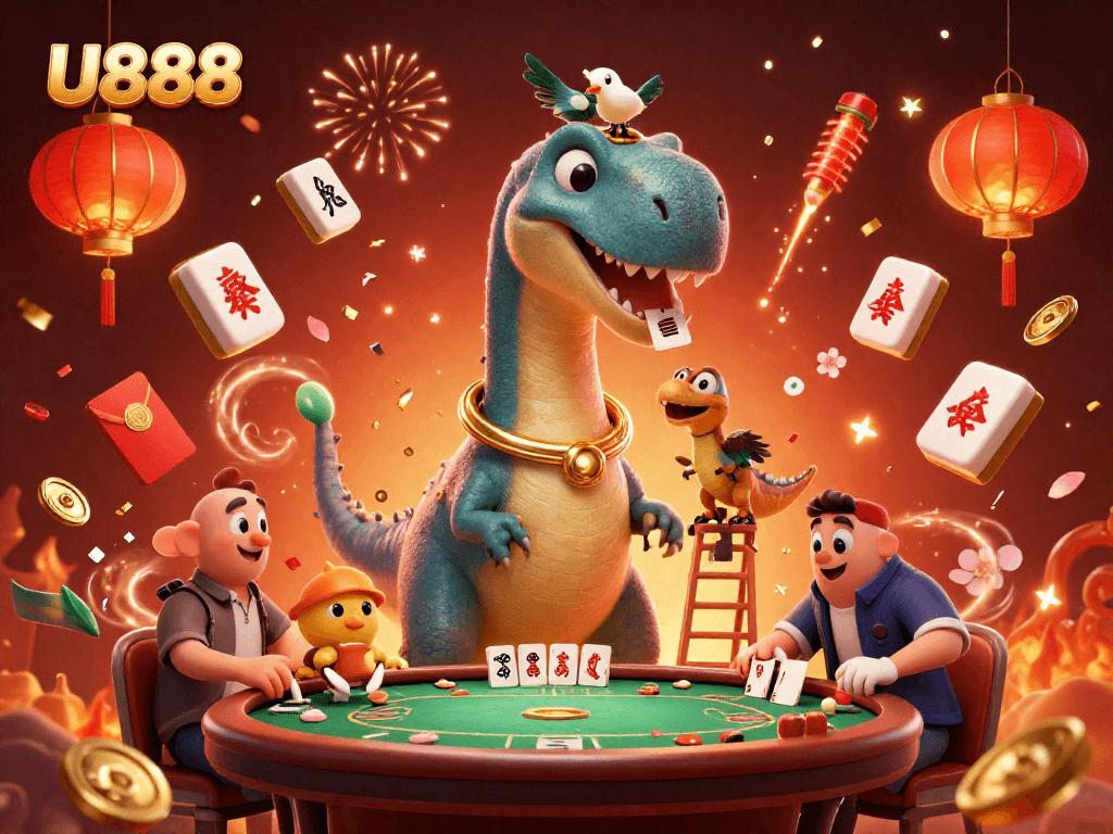 Engage with U888's exciting casino experience featuring a whimsical dinosaur and poker action.