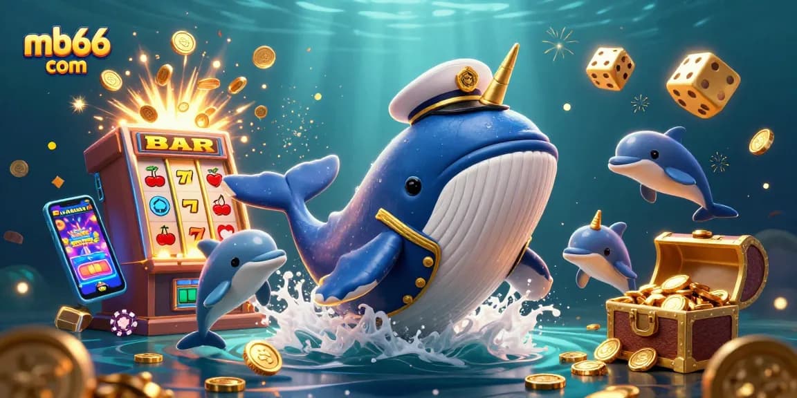 Exciting mb66 com casino scene featuring a whale, narwhal, and dolphins amid slot machines and gold coins