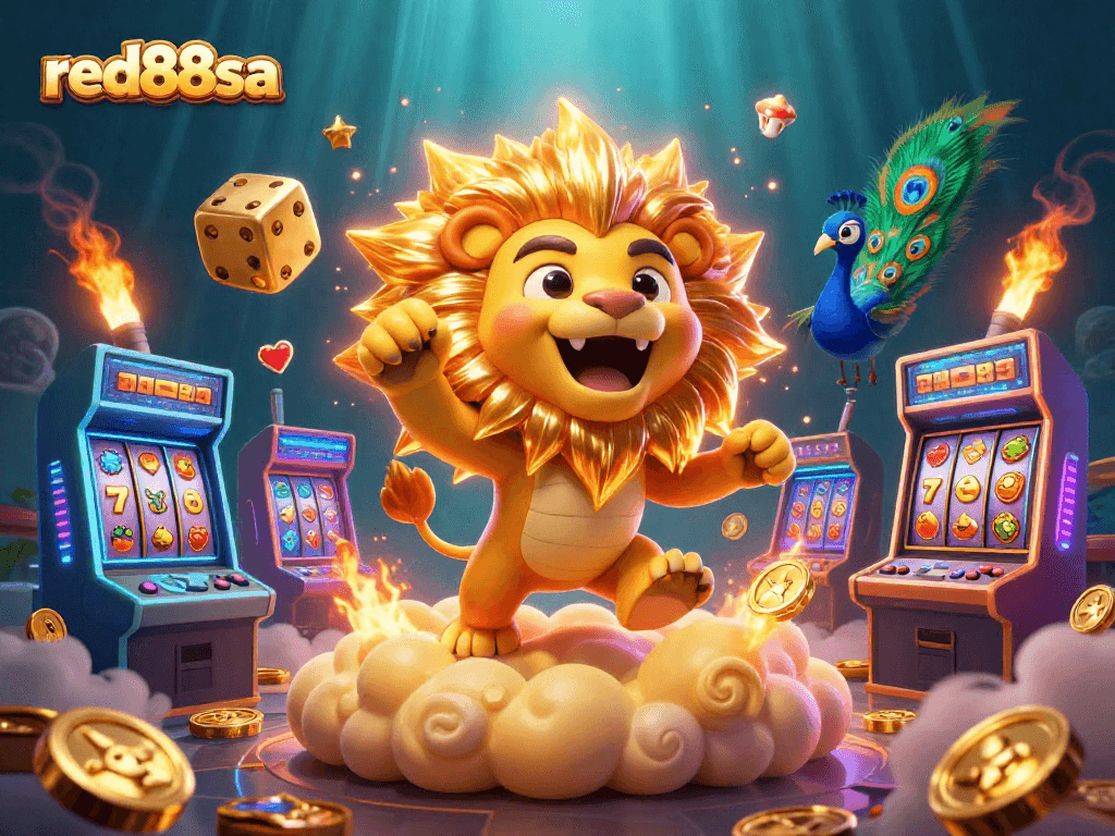 Engage with red88sa's thrilling casino adventure featuring a roaring lion, dice, and vibrant gaming elements.