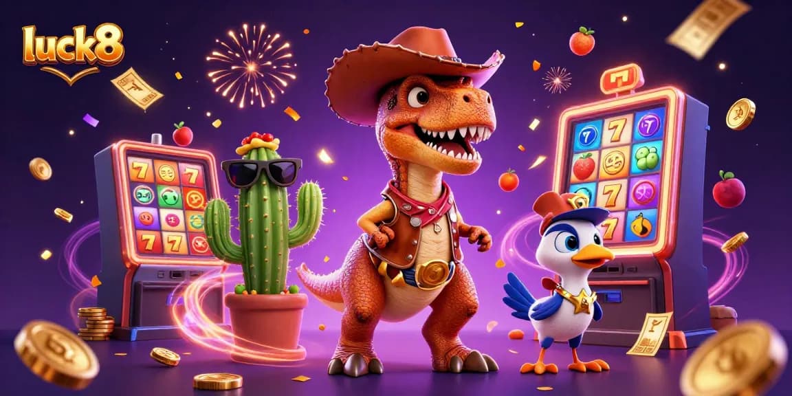 Experience thrilling wins with luck8 as the T-Rex and friends enjoy vibrant slot games.
