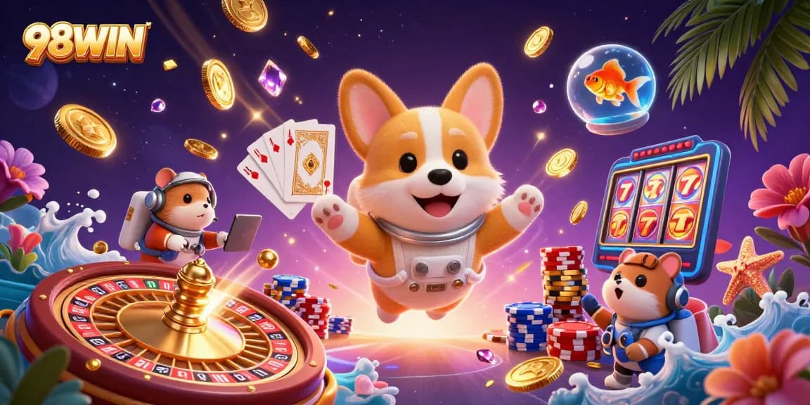 Engage with 98WIN's exciting online gaming experience featuring vibrant characters and casino elements.