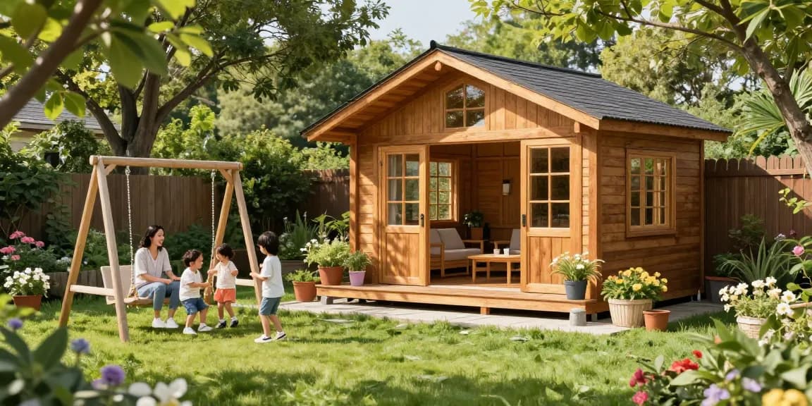 Ein wunderschönes Gartenhaus im Garten mit spielenden Kindern und entspannten Eltern. Gartenhaus zeigt seine hochwertige Holzbauweise.
