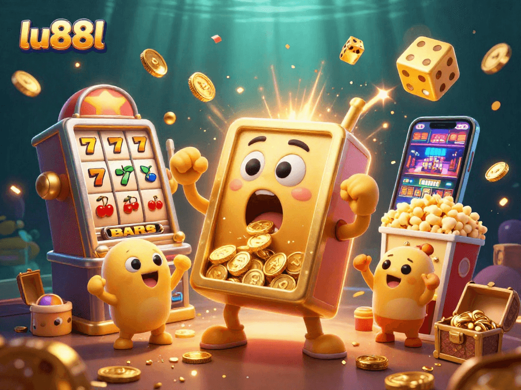 Experience the thrilling excitement of lu88l with a jubilant golden slot machine celebrating a jackpot amidst a vibrant casino atmosphere.
