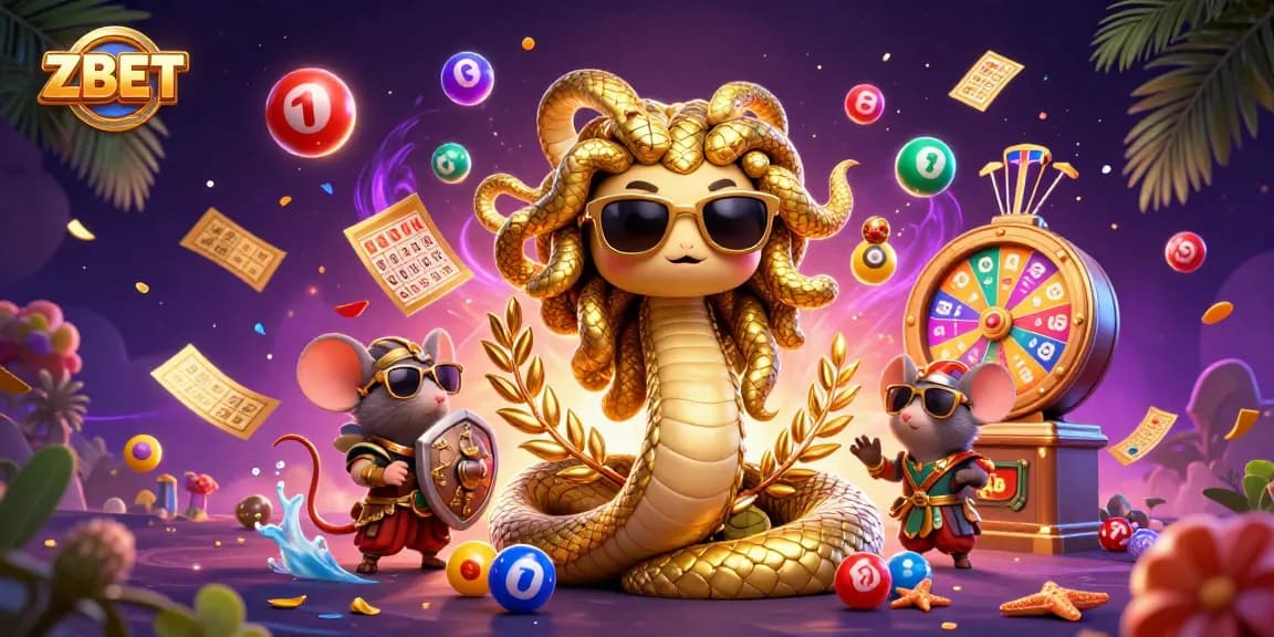 ZBET casino experience with playful Medusa, lottery balls, and festive elements showcasing vibrant gambling action.