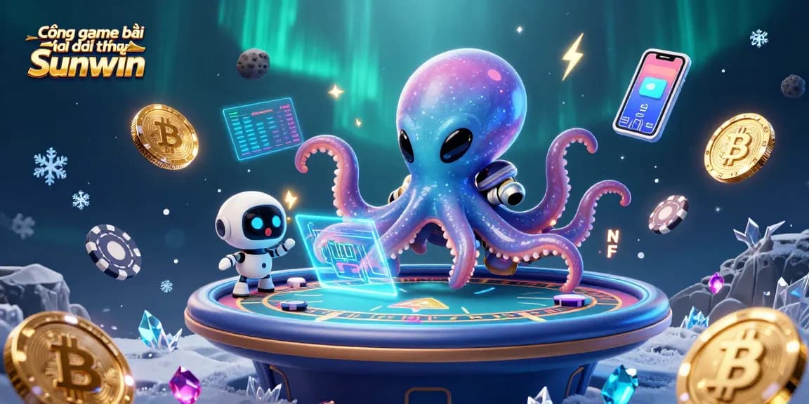 Cổng game bài đổi thưởng Sunwin showcasing an alien octopus at a poker table, surrounded by vibrant cryptocurrency elements.