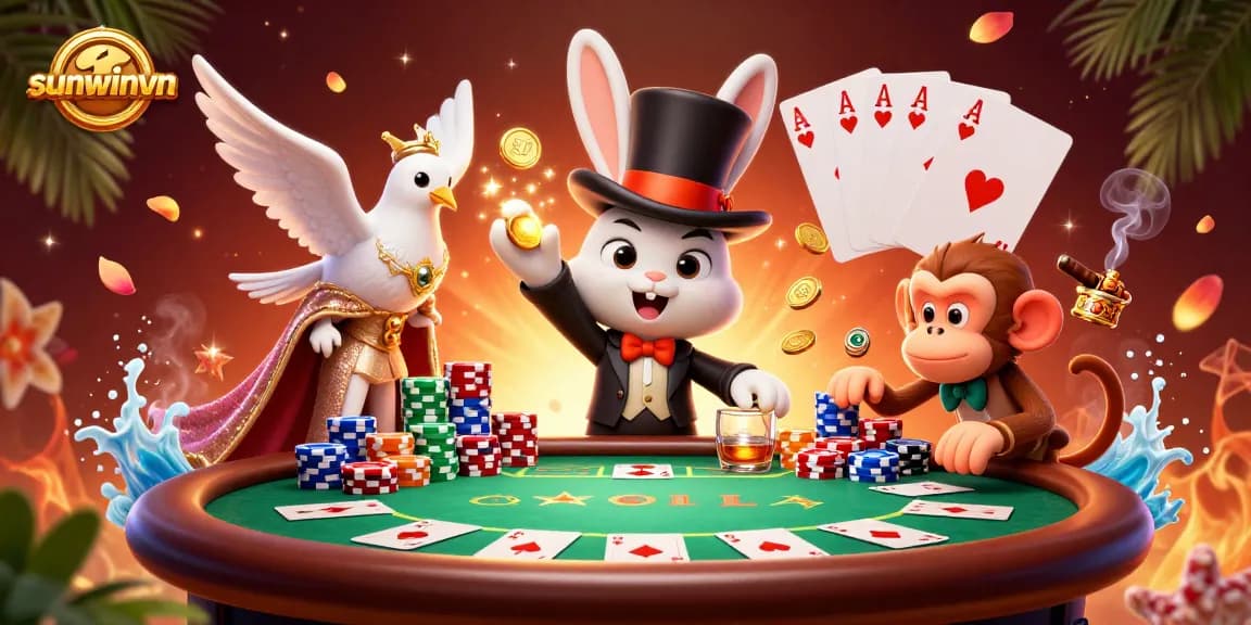 Experience thrilling poker action with sunwinvn’s 3D magical casino scene featuring vibrant characters and elements.