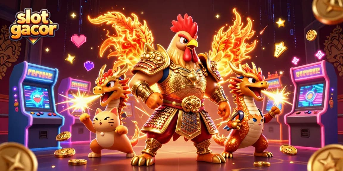 Experience thrilling gaming with slot gacor in an immersive 3D illustration featuring dynamic characters and vibrant elements.