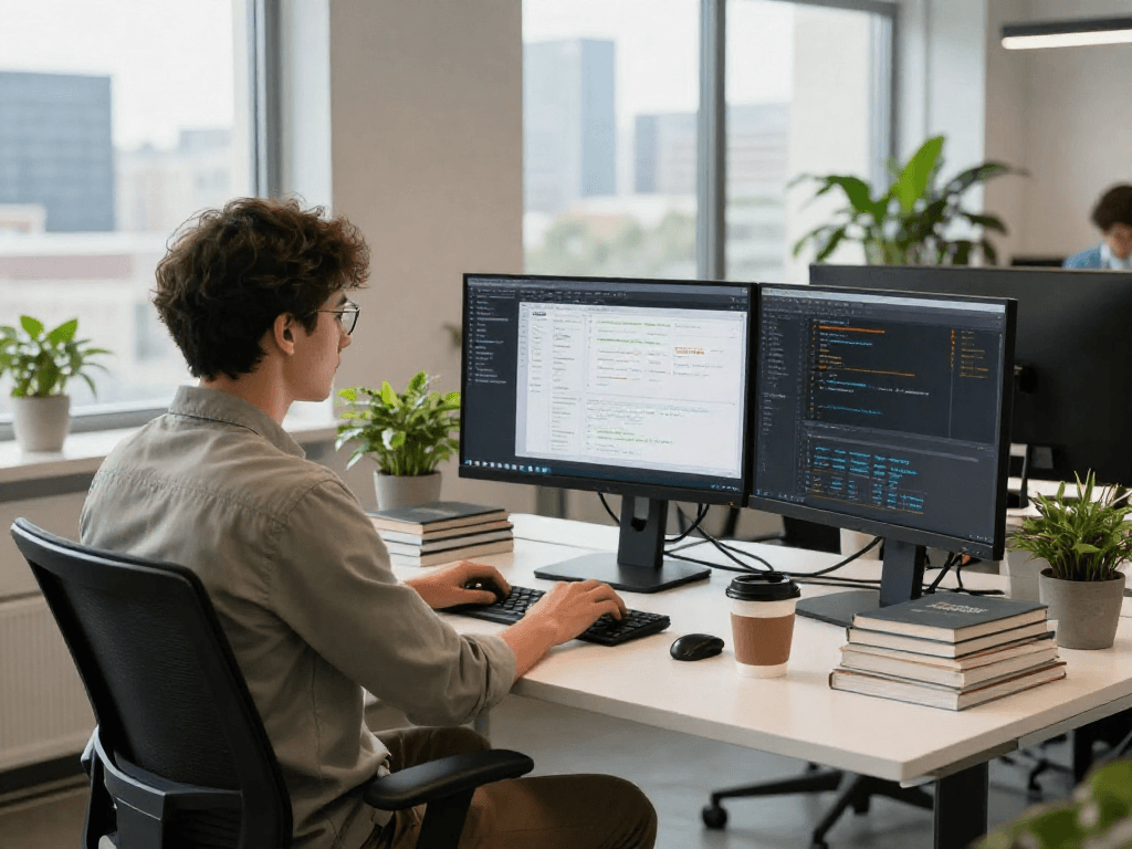 Software engineer analyzing the DEWI111 interface in a modern office workspace.