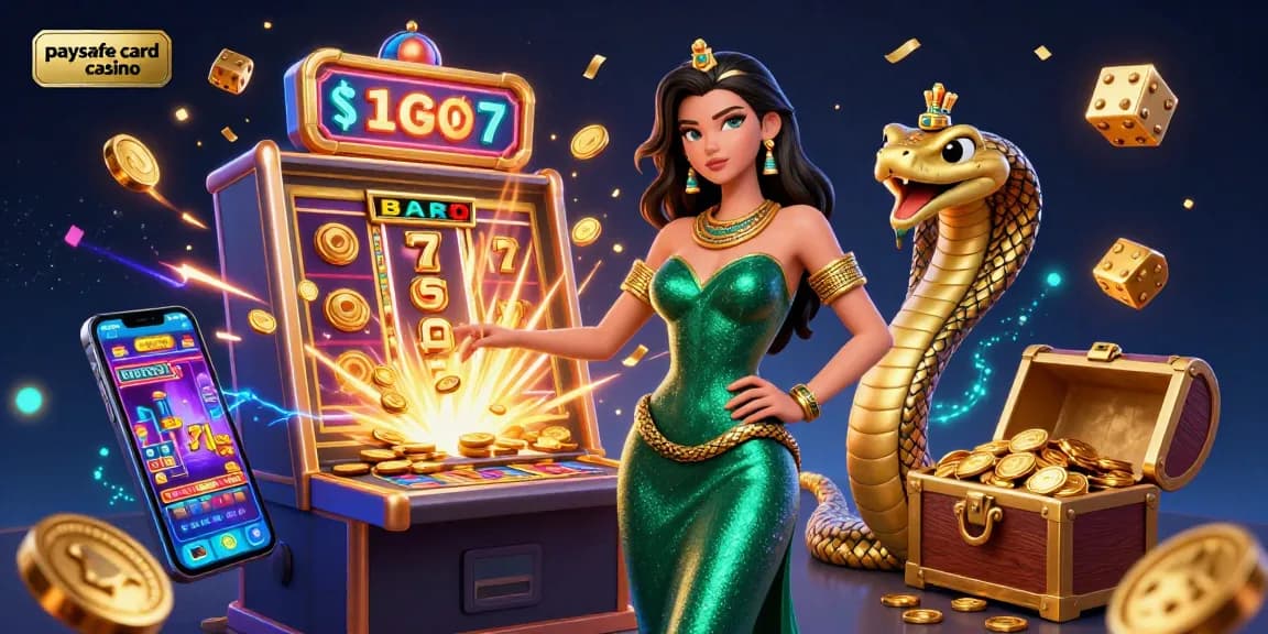 Eine 3D-Szene einer atemberaubenden Frau in einem smaragdgrünen Kleid mit einem Kobra-Begleiter in einem Paysafe Card Casino, umgeben von Spielautomaten und Würfeln.