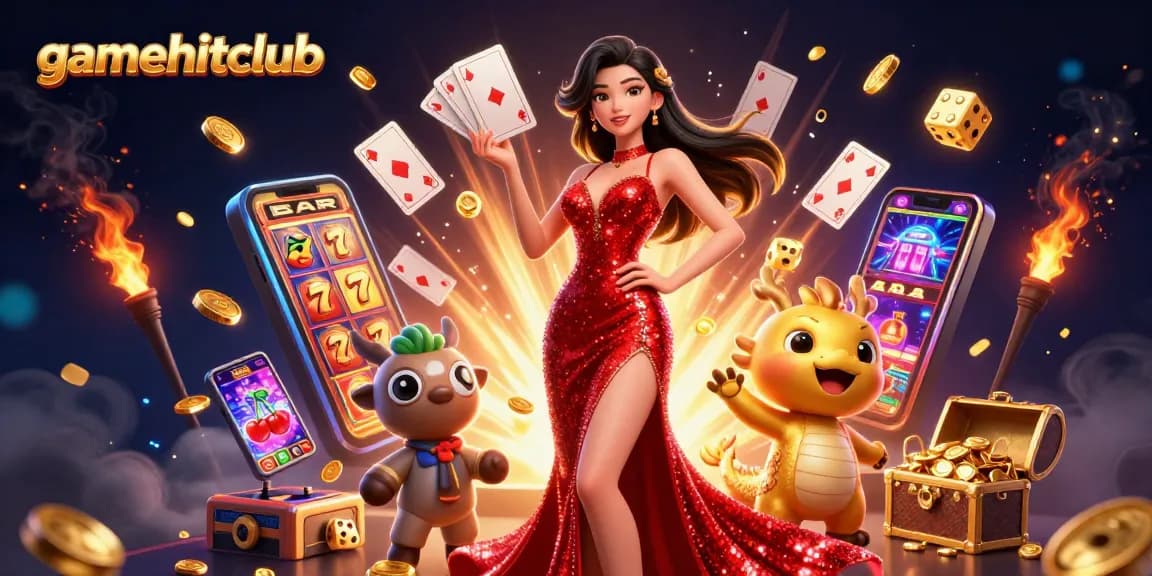 Experience gaming excitement with gamehitclub in this vibrant online casino illustration.