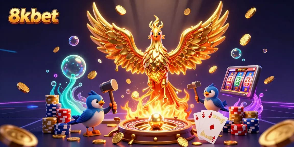 Experience the thrill of 8xbet with a dazzling golden phoenix surrounded by casino elements.