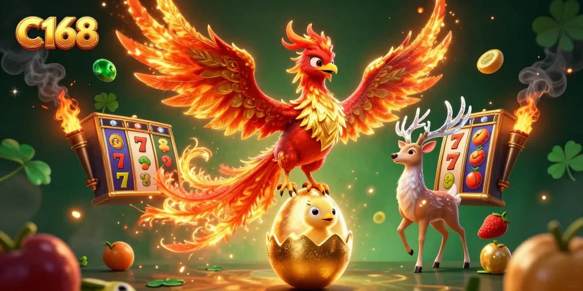 C168 players spin slot reels in a vibrant casino scene featuring a phoenix and stag.