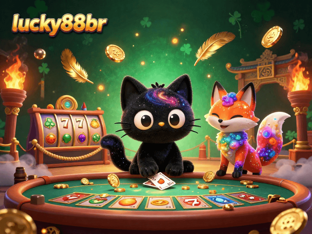 Engage with lucky88br at a cosmic casino table featuring a captivating black hole cat character.