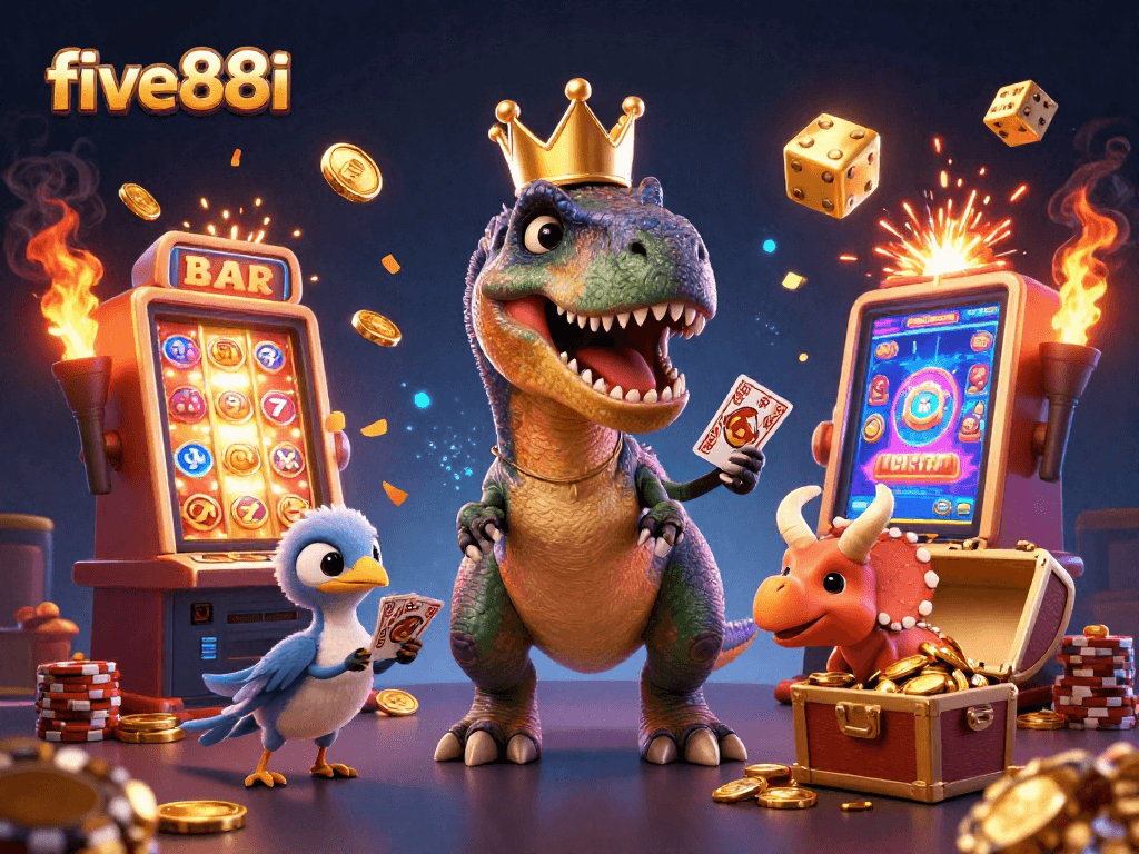 five88i shows a lively scene with a dinosaur theme and vibrant casino elements, perfect for engaging players.