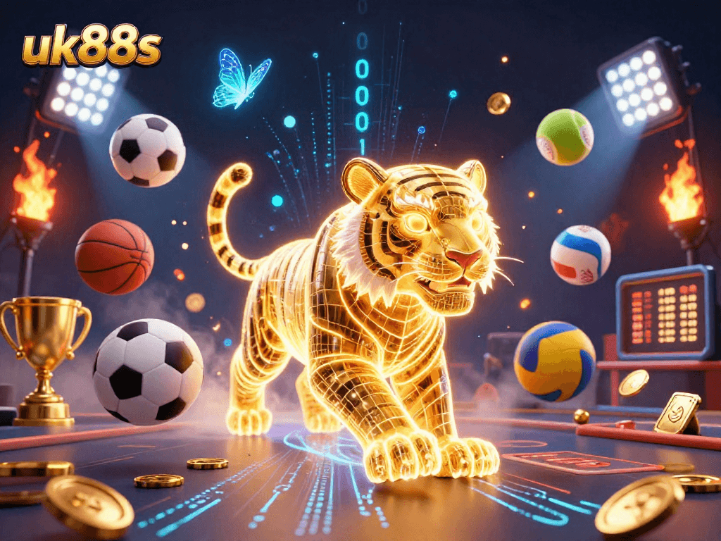 uk88s engage in thrilling betting action with 3D golden tiger in a vibrant digital casino landscape.