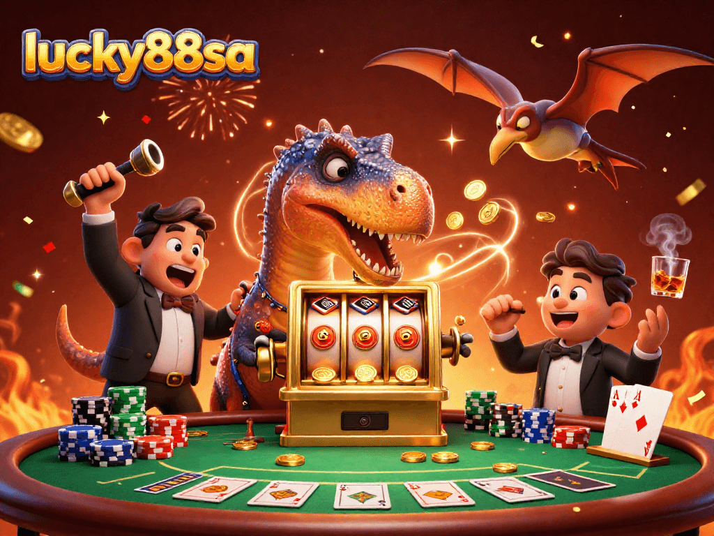 Experience a thrilling jackpot moment with lucky88sa as a dinosaur hits a slot machine, capturing lively casino action.