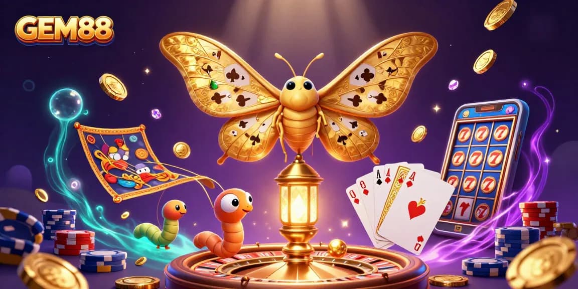 Experience the excitement of GEM88 with vibrant casino-themed 3D illustration featuring dynamic game elements.
