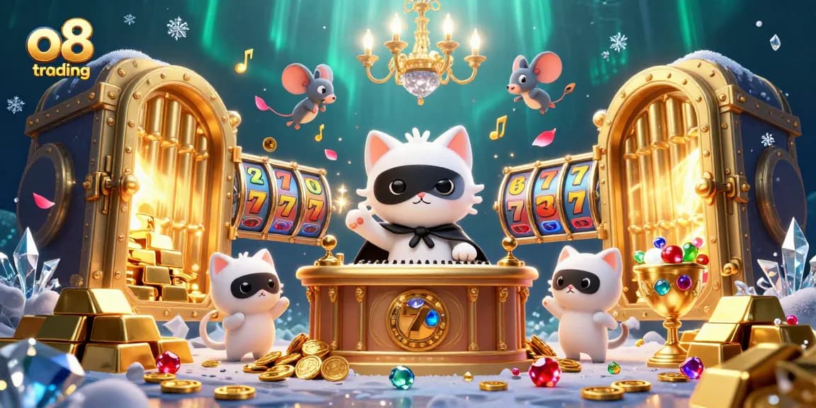 Experience thrilling o8 trading adventures with cartoon characters amidst riches and slot reels.