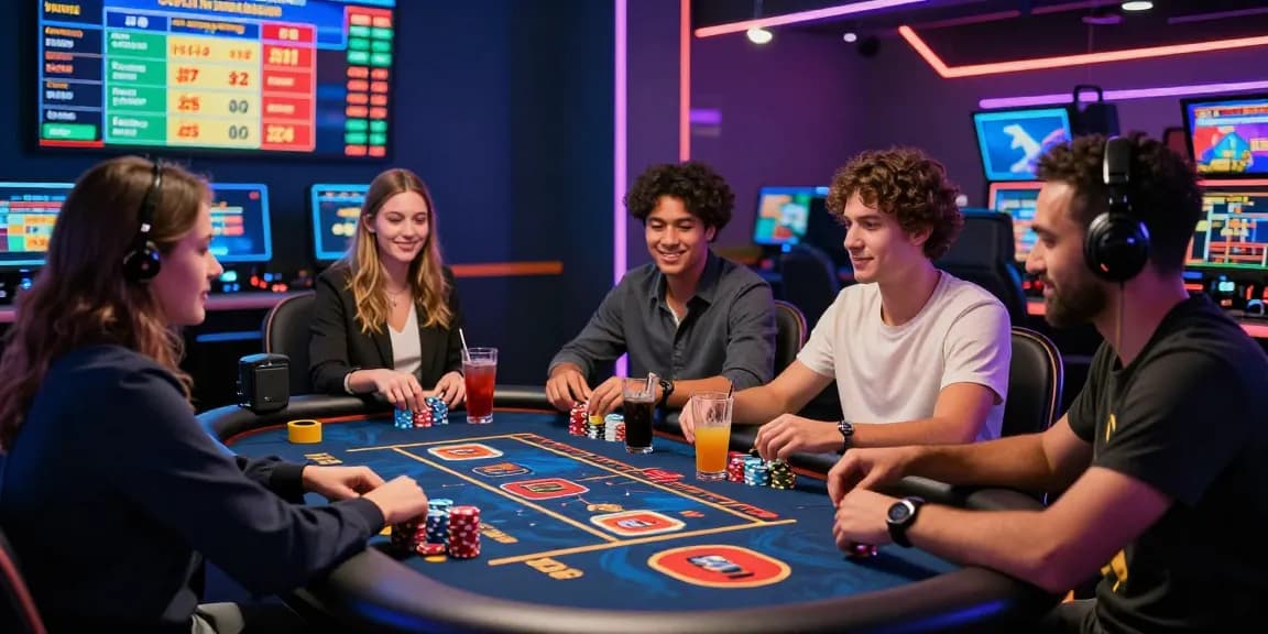 Spieler genießen ein aufregendes Paysafe Card Casino Erlebnis an einem lebhaften Spieltisch.