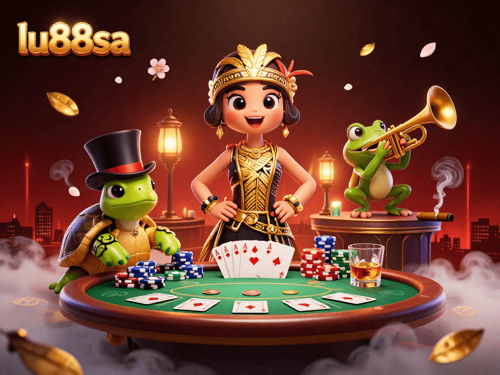 Engage in high-stakes play with lu88sa at the vibrant speakeasy, surrounded by iconic casino elements.