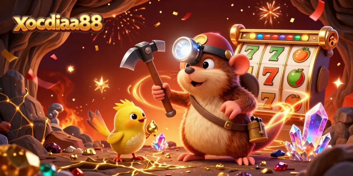 Engage with xocdiaa88's thrilling casino experience featuring vibrant slot reels, sparkling confetti, and a treasure hunter.