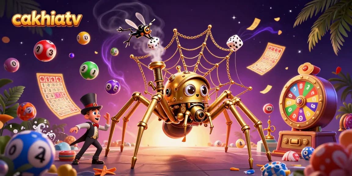 CakhiaTV features a steampunk spider in an energetic scene, showcasing vibrant gambling elements.