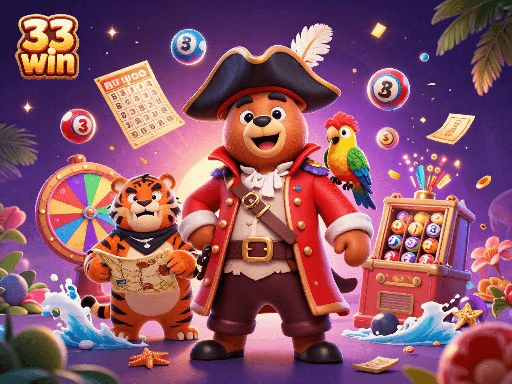 Engage with the thrilling world of 33 win as a pirate bear and friends explore vibrant lottery adventures.