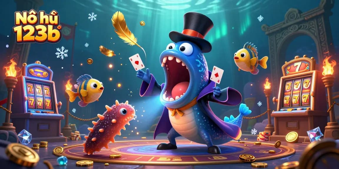 Nổ hũ 123b showcases an underwater magical casino scene with vibrant characters engaging in thrilling slot action, creating an exciting gaming atmosphere.