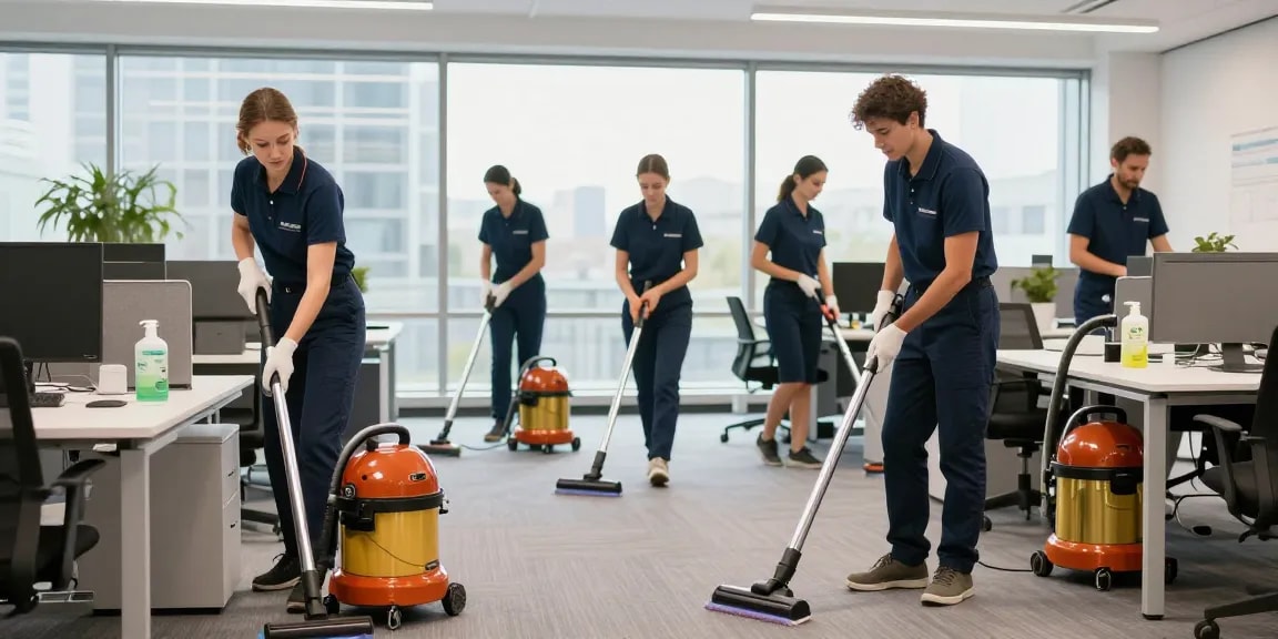 Professionelle Gebäudereinigung Düsseldorf: Reinigungsteam putzt modernes Büro mit hochwertigen Geräten und umweltfreundlichen Reinigungsmitteln.