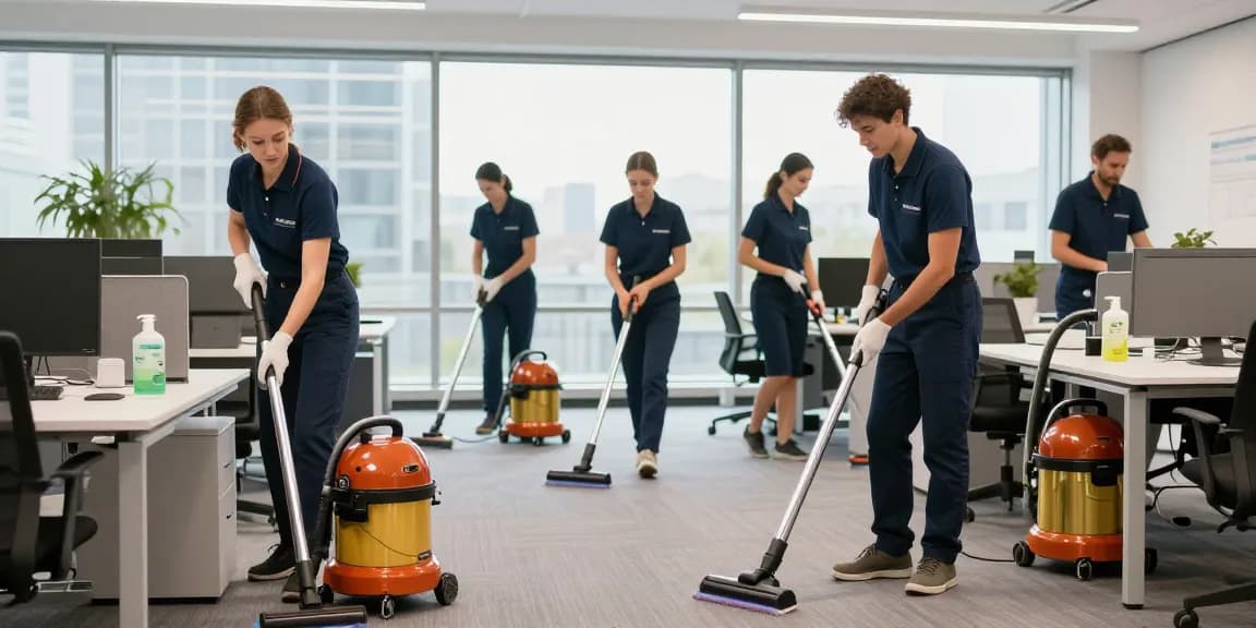 Professionelle Gebäudereinigung Düsseldorf: Reinigungsteam putzt modernes Büro mit hochwertigen Geräten und umweltfreundlichen Reinigungsmitteln.