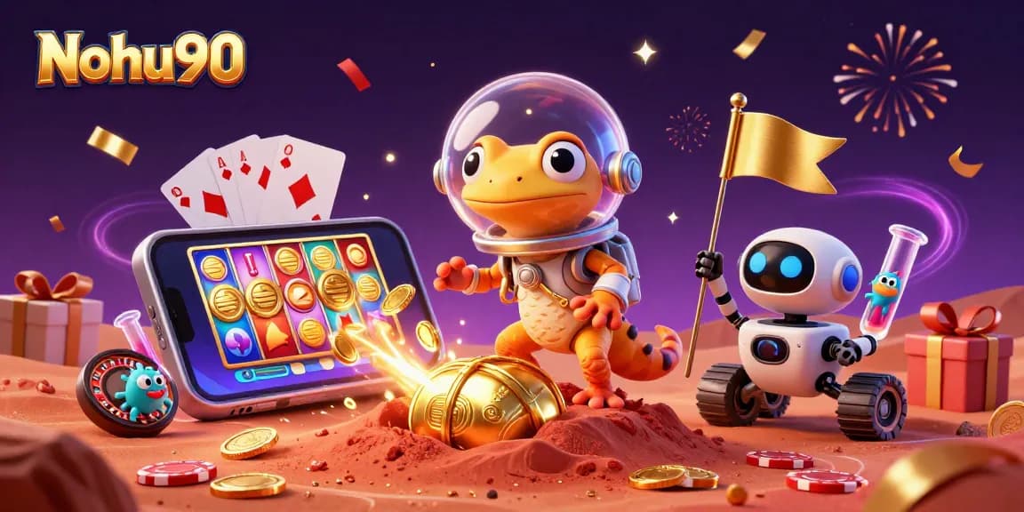Nohu90 offers thrilling slot gameplay featuring a Martian gecko discovering a golden casino.
