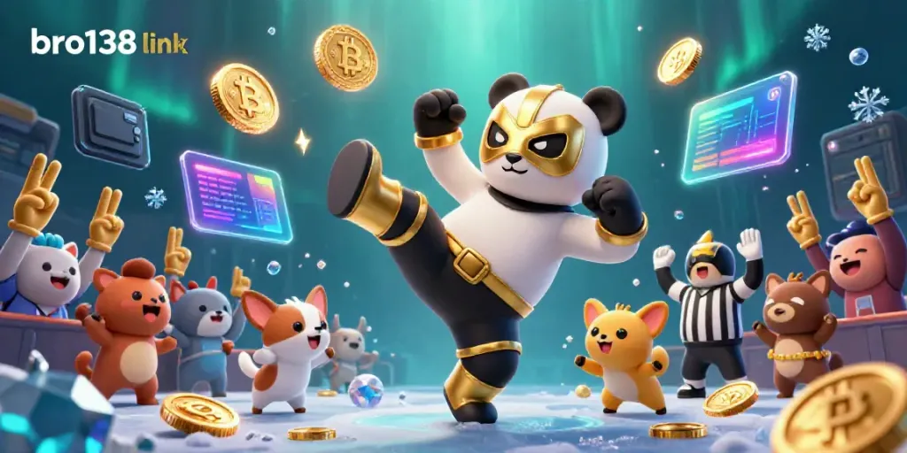 Experience the excitement of bro138 link with a wrestling panda and animated crypto elements.